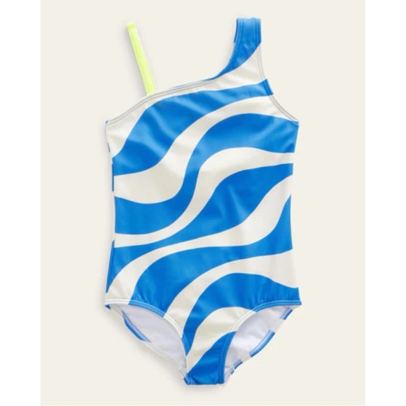 Boden Girls One Piece Cabana Blue Wavy Print Swimsuit